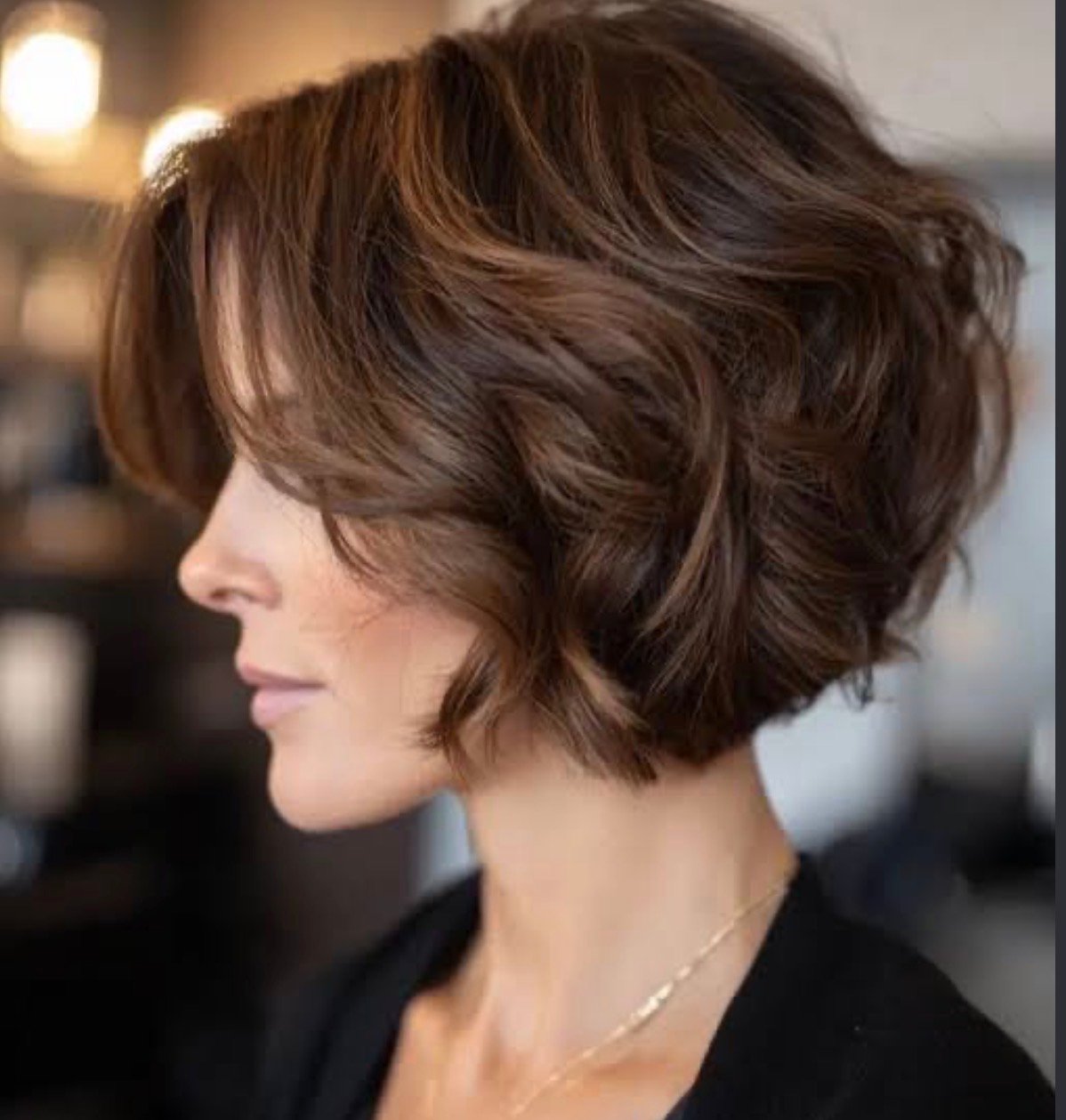 Corte feminino curto em camadas, com franja lateral e acabamento texturizado